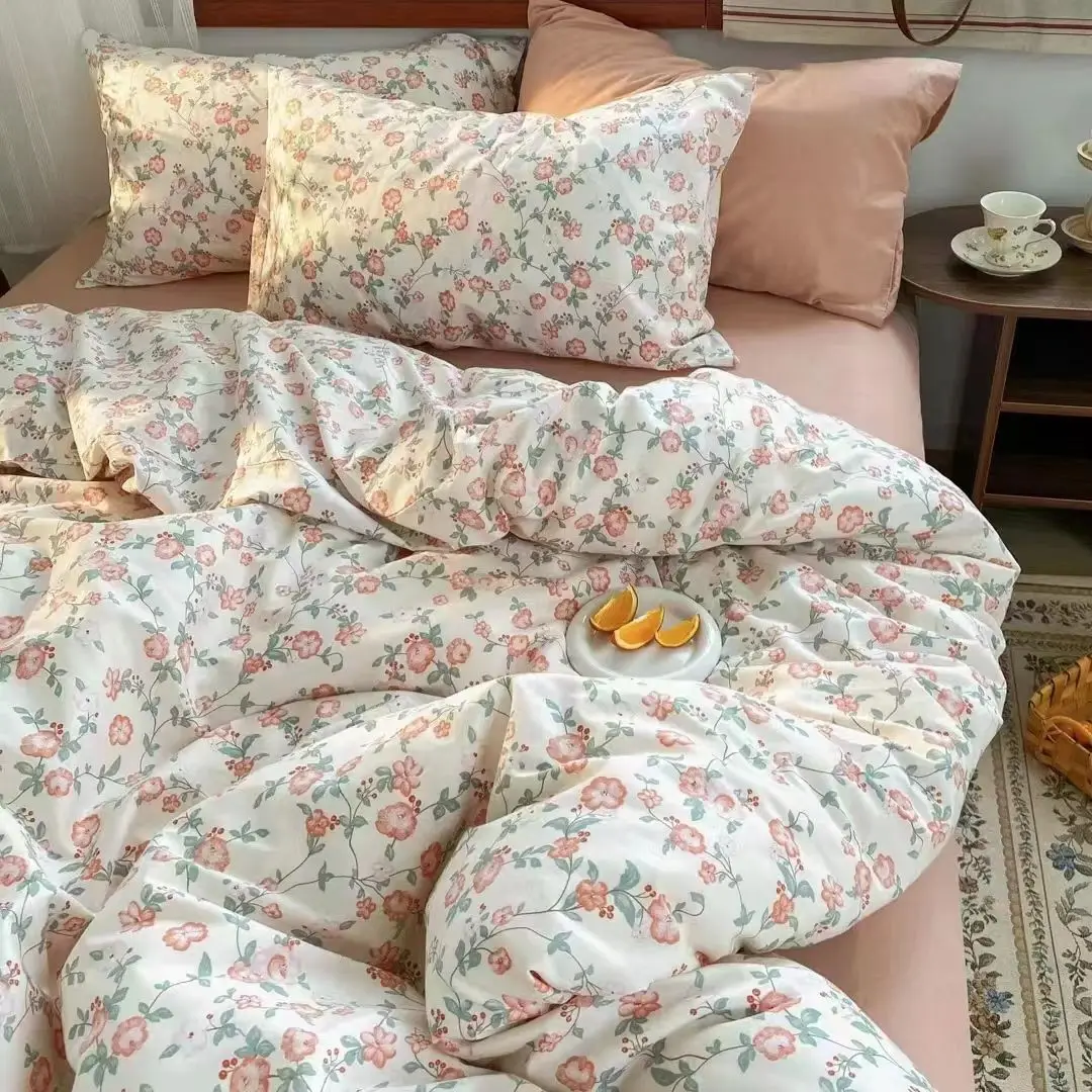 Vintage Floral Duvet Cover Set No Filler with Flat Sheet Pillowcases Single Double Queen Size Girls Ins Korean New Bedding Kit