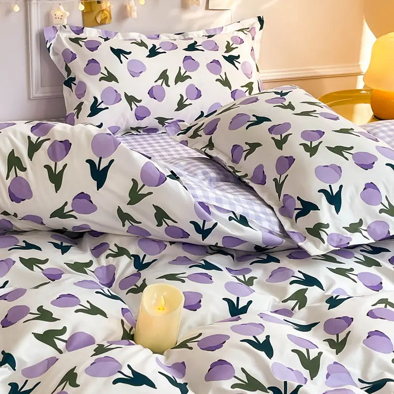 Vintage Floral Duvet Cover Set No Filler with Flat Sheet Pillowcases Single Double Queen Size Girls Ins Korean New Bedding Kit