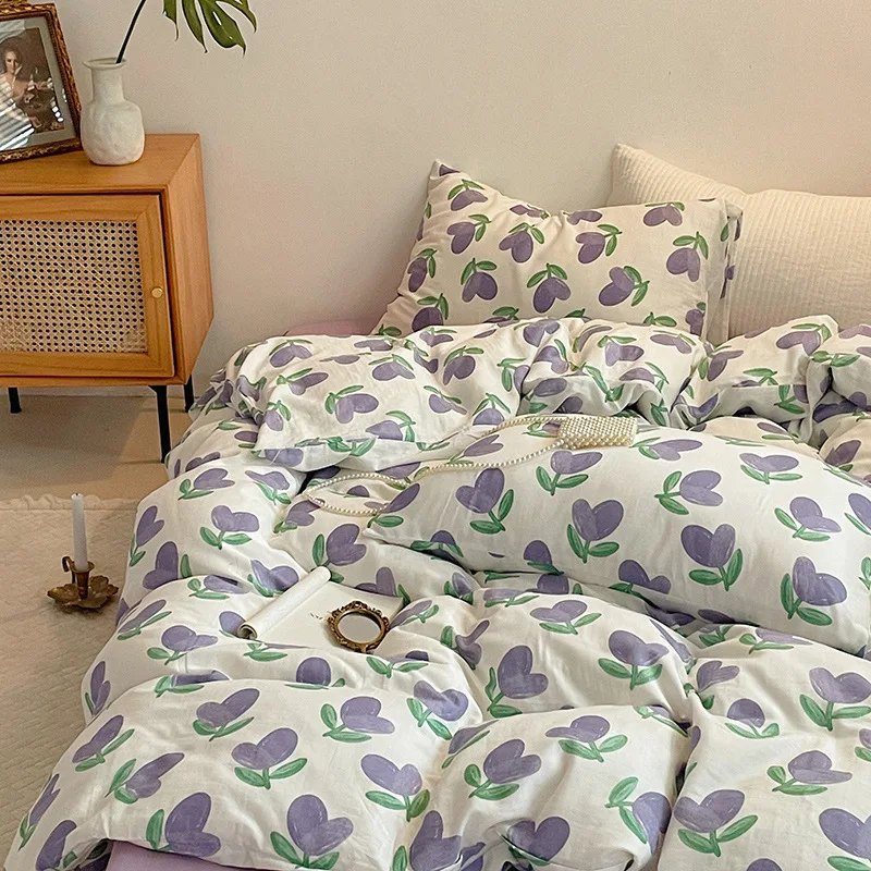 Vintage Floral Duvet Cover Set No Filler with Flat Sheet Pillowcases Single Double Queen Size Girls Ins Korean New Bedding Kit
