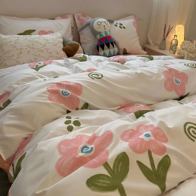 Vintage Floral Duvet Cover Set No Filler with Flat Sheet Pillowcases Single Double Queen Size Girls Ins Korean New Bedding Kit