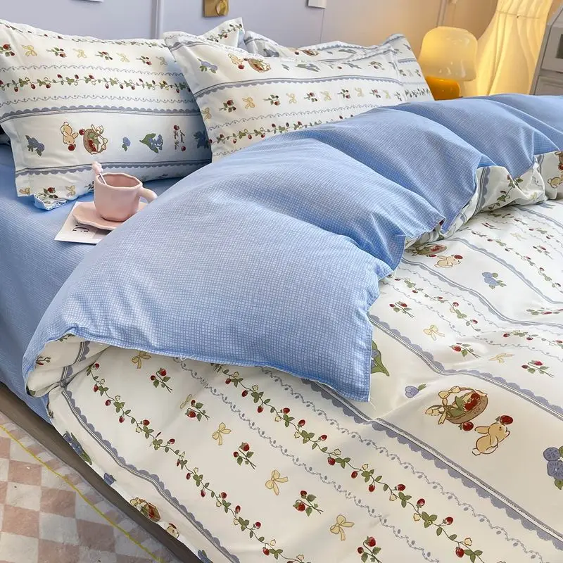 Vintage Floral Duvet Cover Set No Filler with Flat Sheet Pillowcases Single Double Queen Size Girls Ins Korean New Bedding Kit