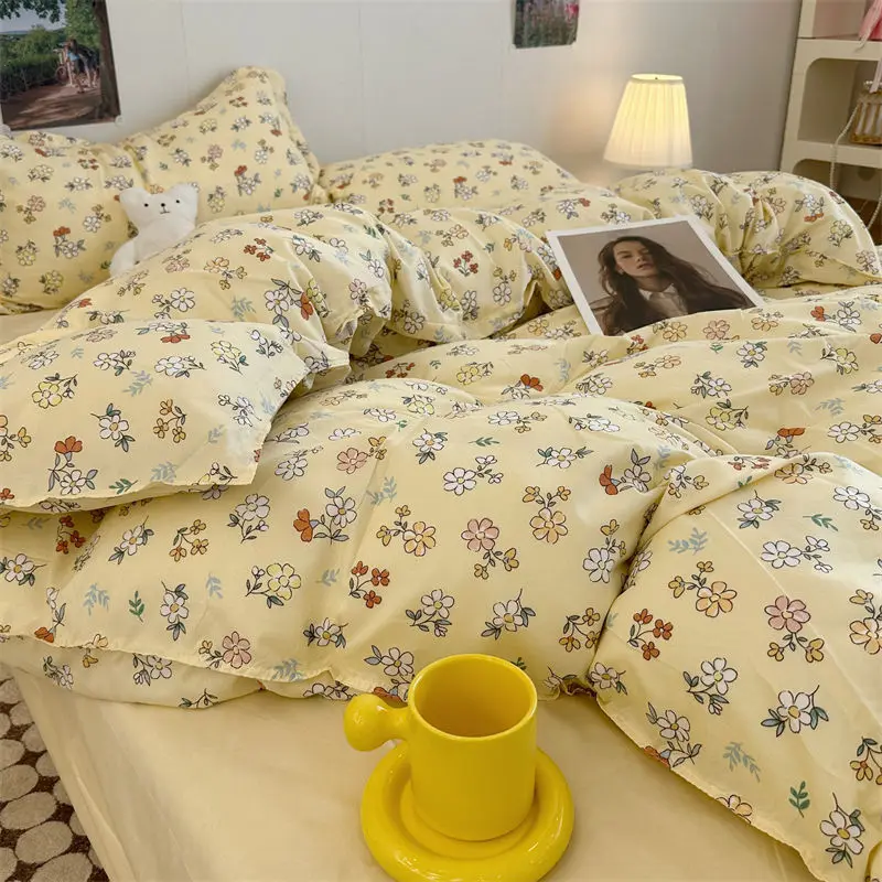 Vintage Floral Duvet Cover Set No Filler with Flat Sheet Pillowcases Single Double Queen Size Girls Ins Korean New Bedding Kit