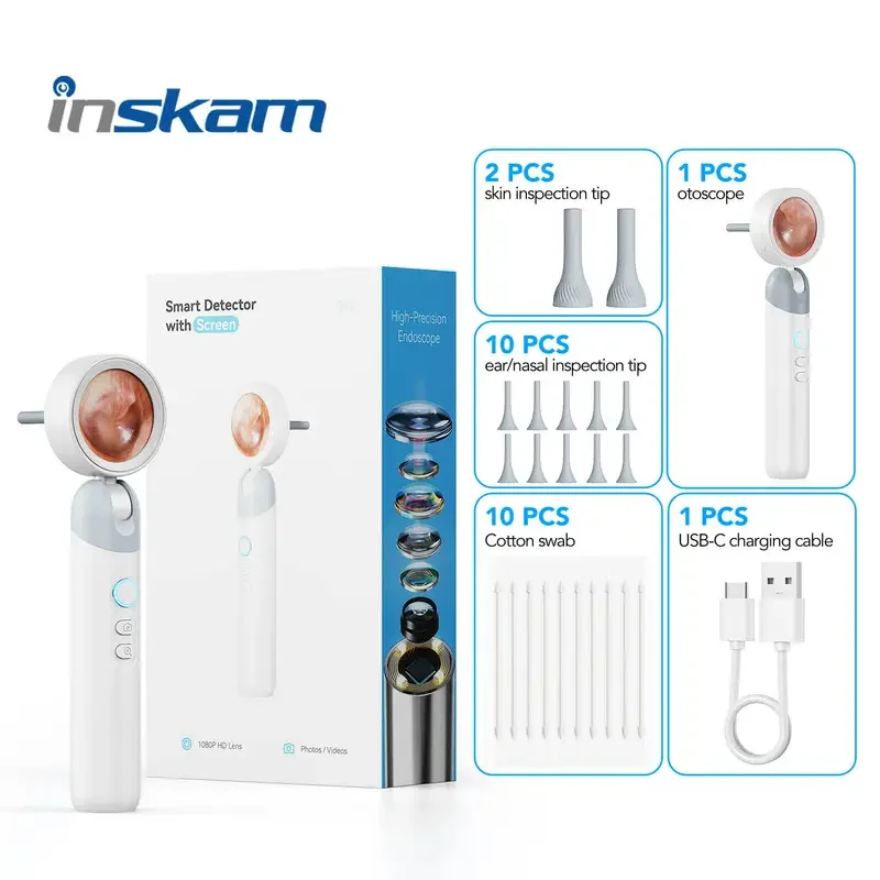 Smart Ear Camera Endoscope 90° Rotatable Head for Easy Viewing 1080P HD Camera with 12 Replacement Heads Included /Nose /Skin