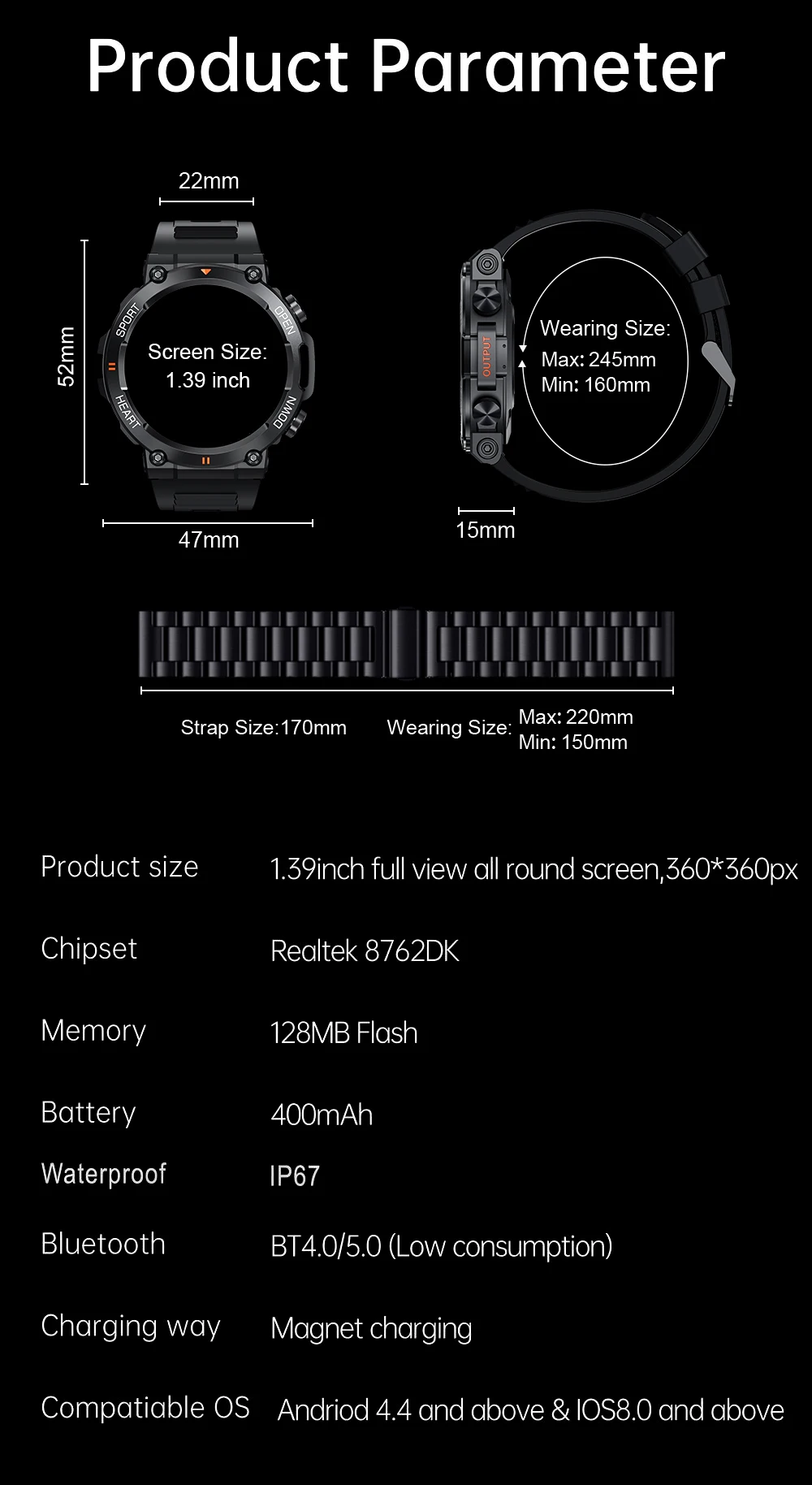 MEVADEN 1.39" Outdoor Sport Smart Watch Bluetooth Call Men Fitness Tracker Health Monitor 400mAh Smartwatch for Android IOS MD56