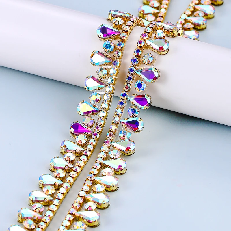 1Yard-90cm HotFix Glass Rhinestone Ribbon Crystal MultiColor Chain DIY Crafts Clothing Shoes Decoration