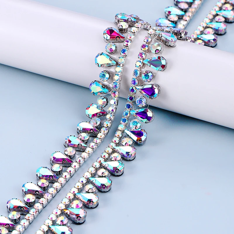 1Yard-90cm HotFix Glass Rhinestone Ribbon Crystal MultiColor Chain DIY Crafts Clothing Shoes Decoration