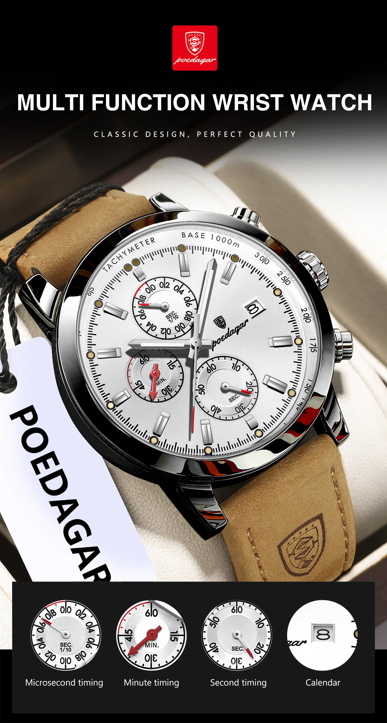POEDAGAR Casual Trendy Man Quartz Watch Date Waterproof Chronograph Luminous Men Watch Sports Male Stylish Leather Men's Watches