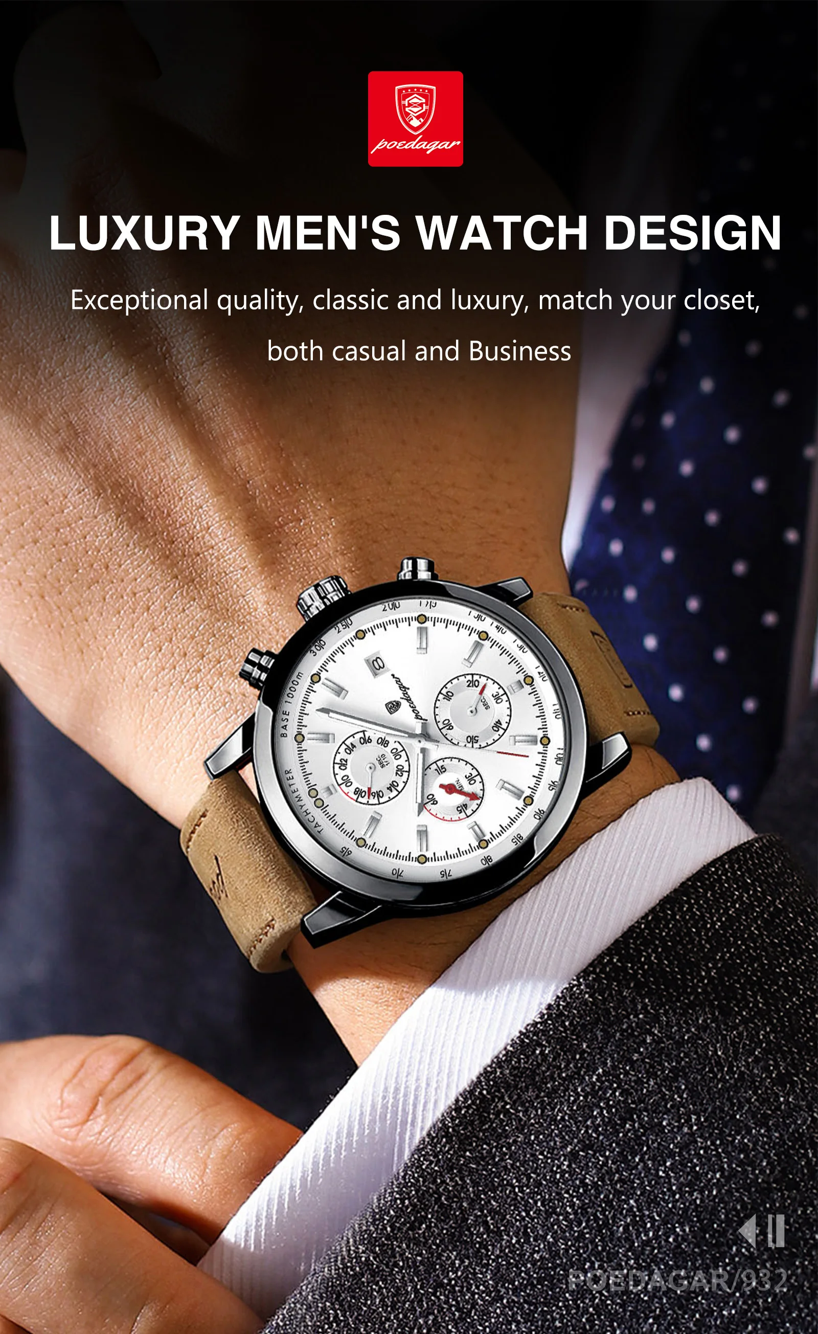 POEDAGAR Casual Trendy Man Quartz Watch Date Waterproof Chronograph Luminous Men Watch Sports Male Stylish Leather Men's Watches