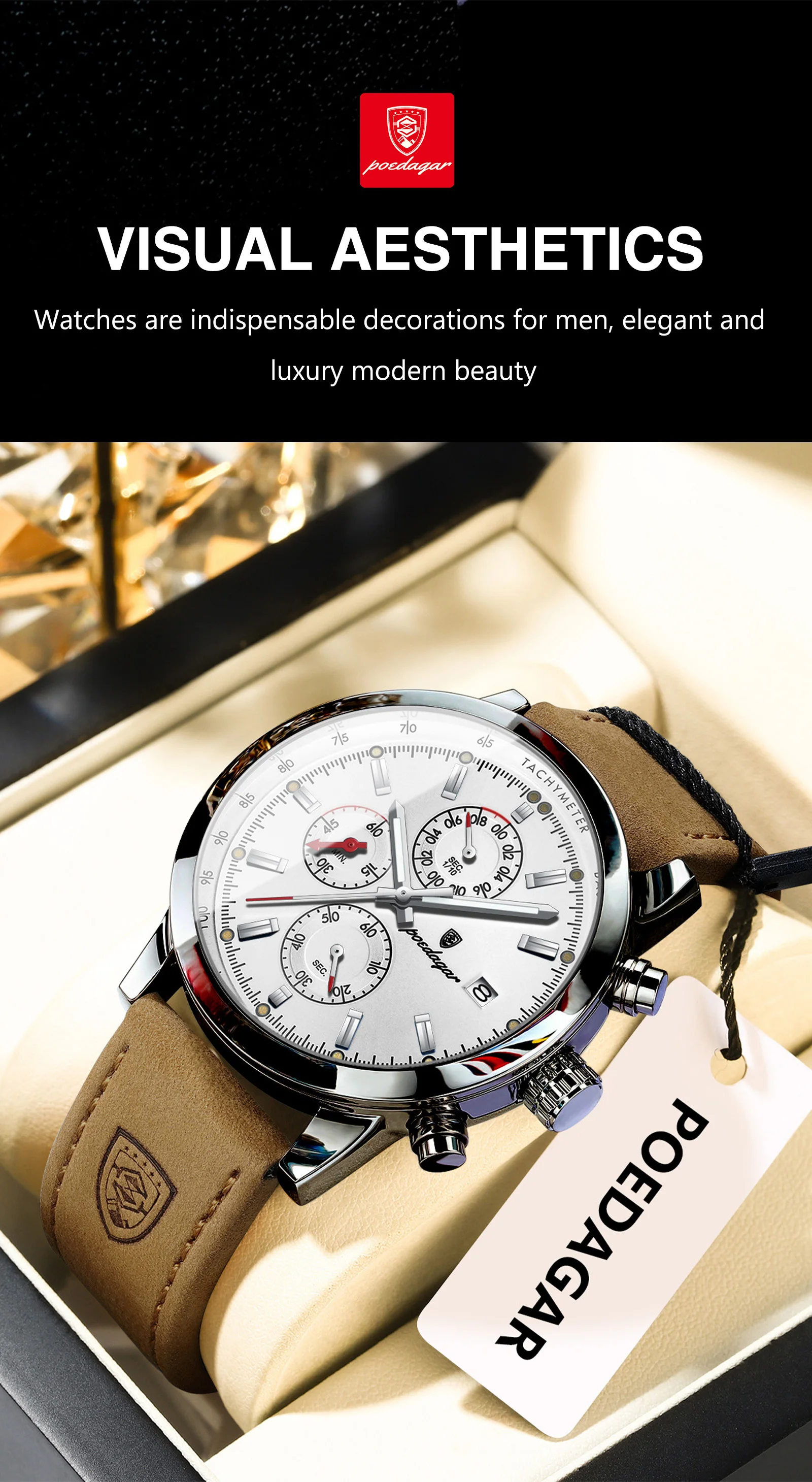 POEDAGAR Casual Trendy Man Quartz Watch Date Waterproof Chronograph Luminous Men Watch Sports Male Stylish Leather Men's Watches