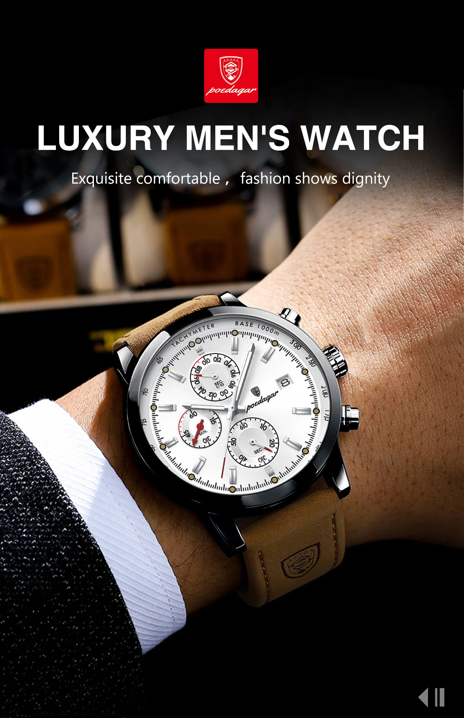 POEDAGAR Casual Trendy Man Quartz Watch Date Waterproof Chronograph Luminous Men Watch Sports Male Stylish Leather Men's Watches