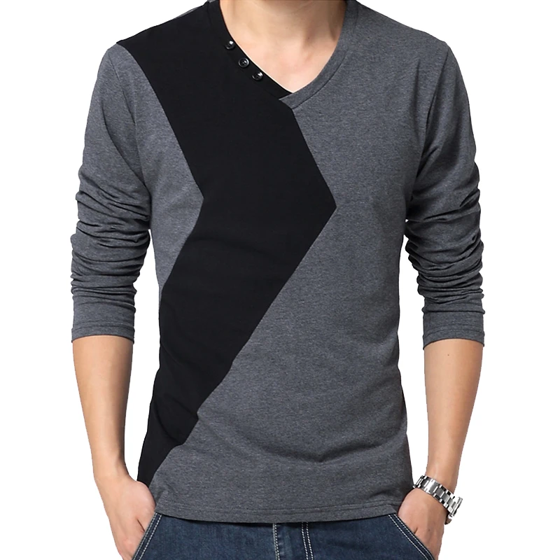 BROWON Brand Autumn Mens T Shirts Fashion 2026 Streetwear Long Sleeve V Neck Color Patchwork Cotton T Shirt Men
