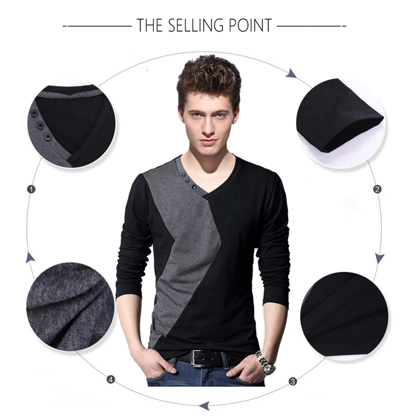 BROWON Brand Autumn Mens T Shirts Fashion 2026 Streetwear Long Sleeve V Neck Color Patchwork Cotton T Shirt Men