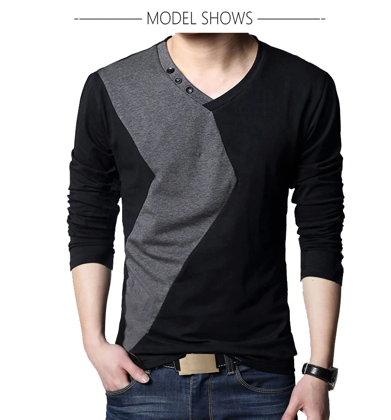 BROWON Brand Autumn Mens T Shirts Fashion 2026 Streetwear Long Sleeve V Neck Color Patchwork Cotton T Shirt Men