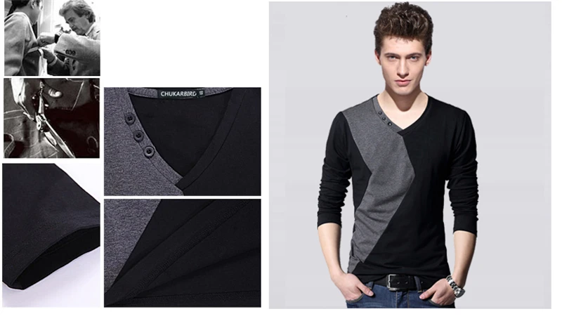 BROWON Brand Autumn Mens T Shirts Fashion 2026 Streetwear Long Sleeve V Neck Color Patchwork Cotton T Shirt Men