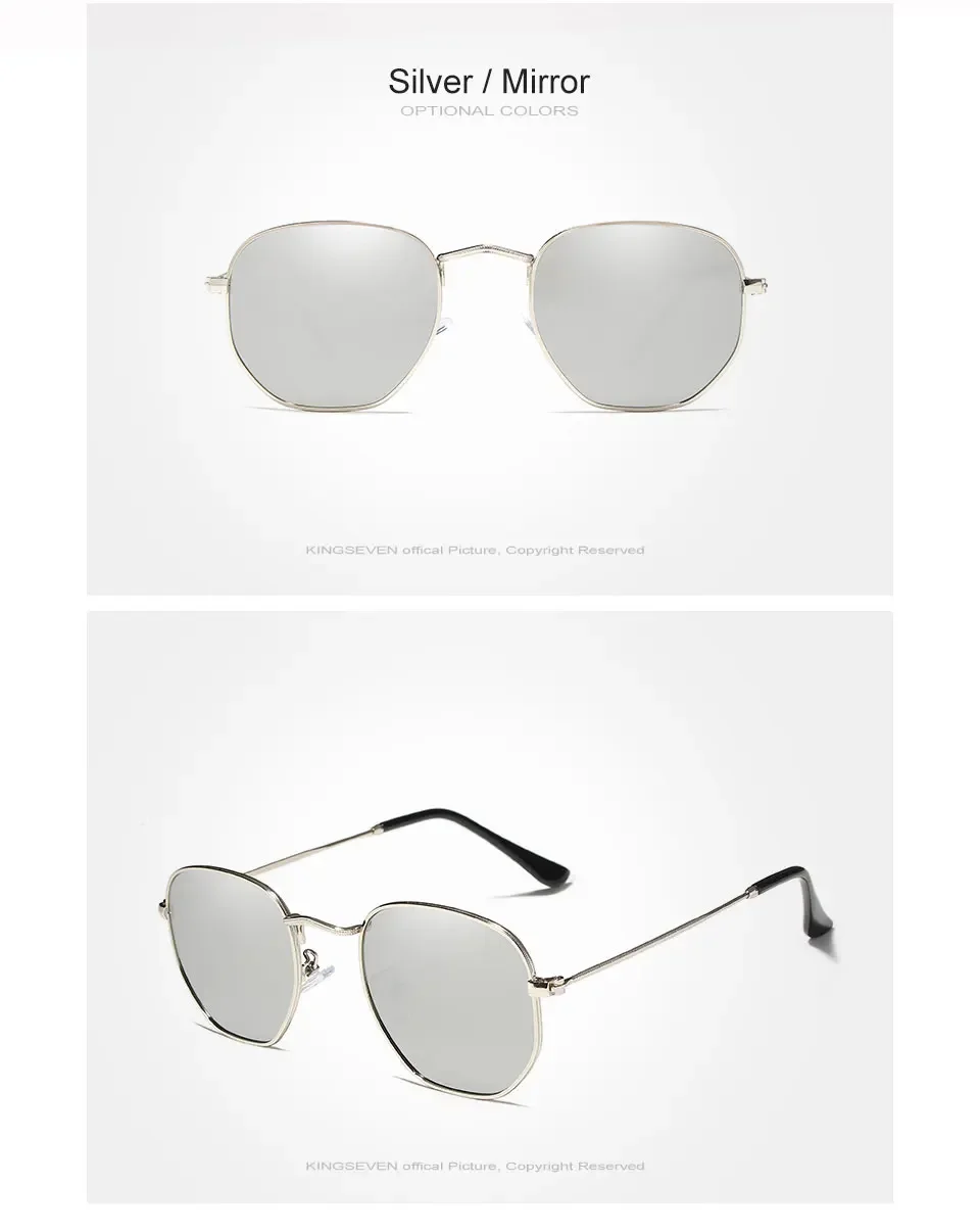 KINGSEVEN Brand Reflective Sunglasses Men Hexagon Retro Sun Glasses Leisure Glasses Oculos Gafas De Sol Shades