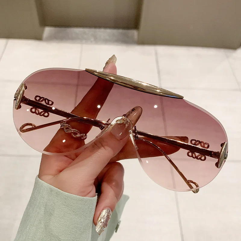 cutting rimless oversize one piece shield sunglasses for women fashion alloy big frame gradient Y2K sun glasses ladies shades