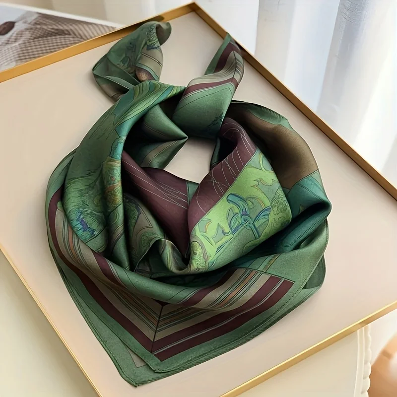 2025 New Green Print Square Scarf Simulated Silk Thin Satin Neck Scarf Elegant Ladies Professional Decorative Small Scarf