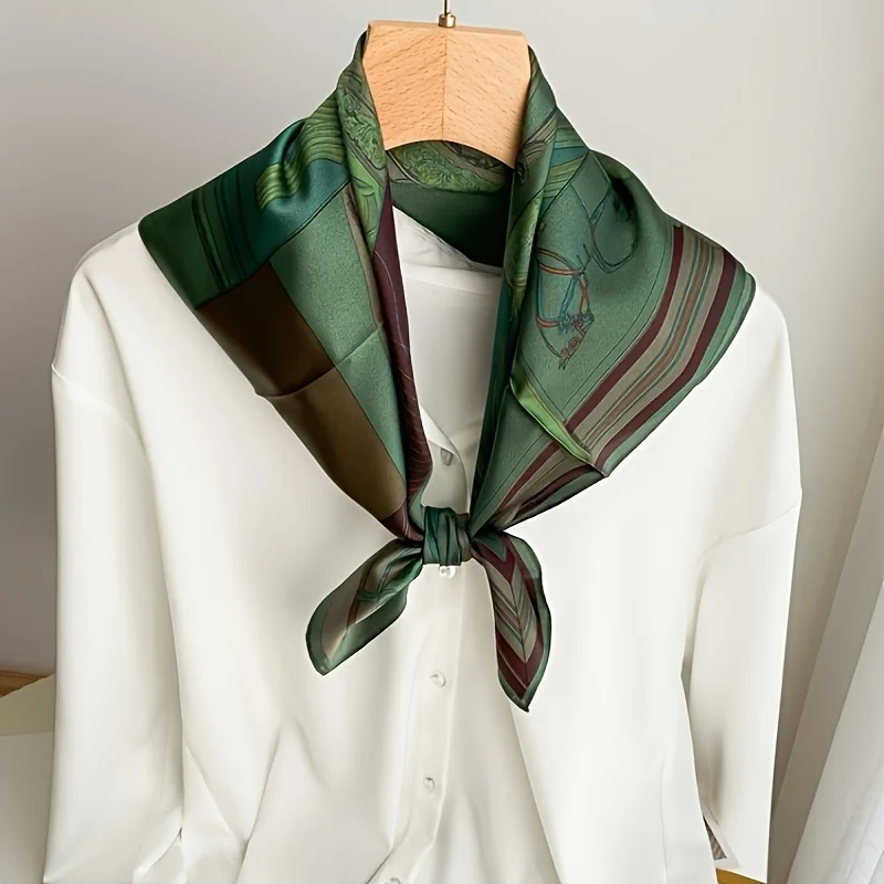 2025 New Green Print Square Scarf Simulated Silk Thin Satin Neck Scarf Elegant Ladies Professional Decorative Small Scarf
