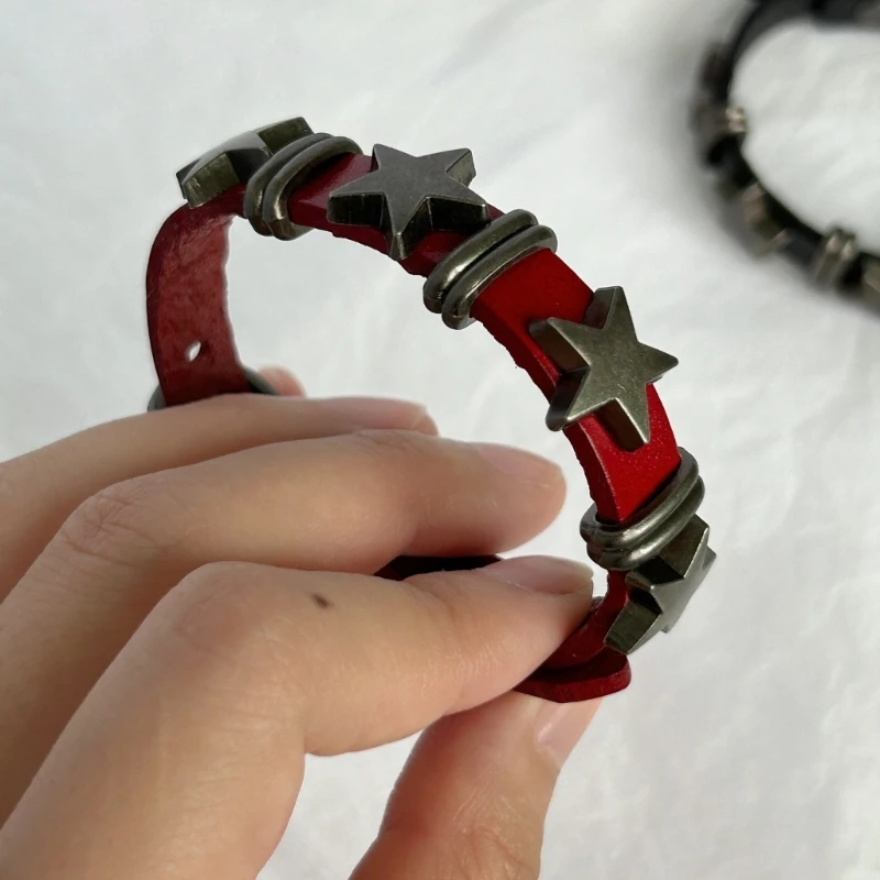 E0BF Goth Vintage Star Leather Alloy Bracelets For Women Men Gothic Retro Couple Bracelet Rock Party Jewelry Accessory-Decor