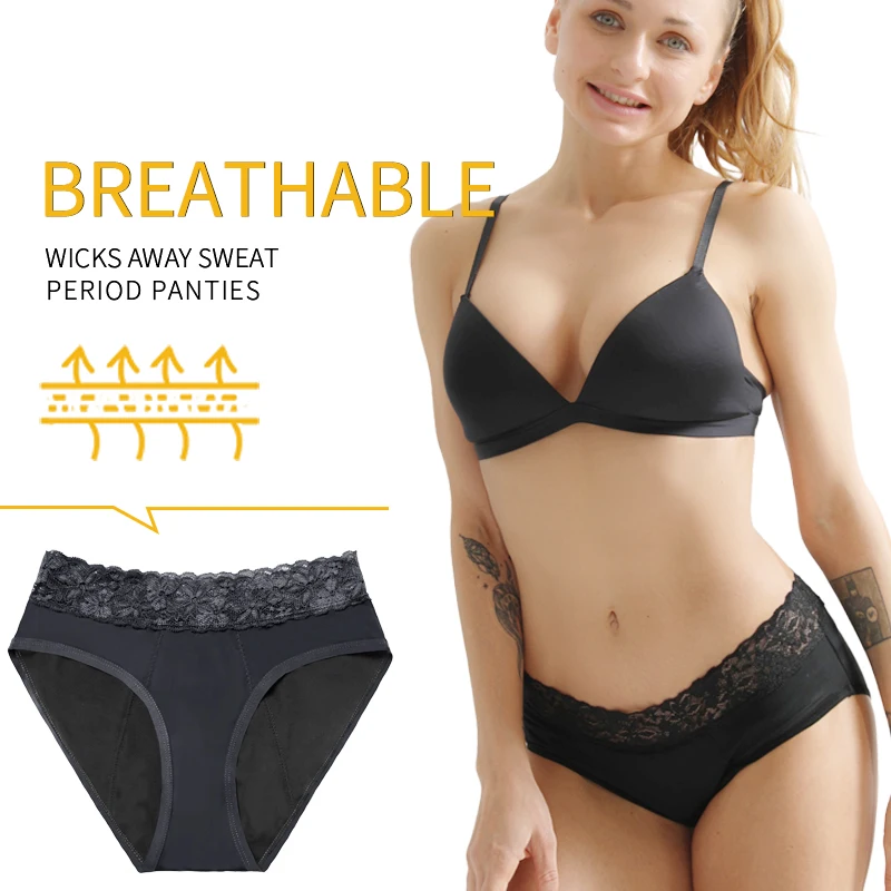 4-Layer Leak proof Menstrual Panties Moderate Fast Absportion Postpartum Belly Support Briefs With Lace Design Reusable