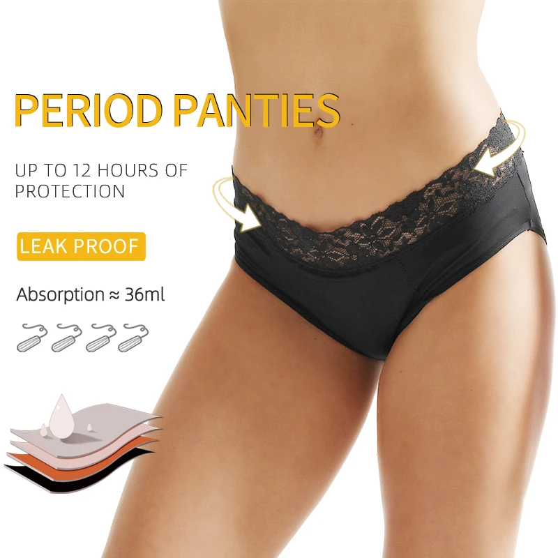 4-Layer Leak proof Menstrual Panties Moderate Fast Absportion Postpartum Belly Support Briefs With Lace Design Reusable