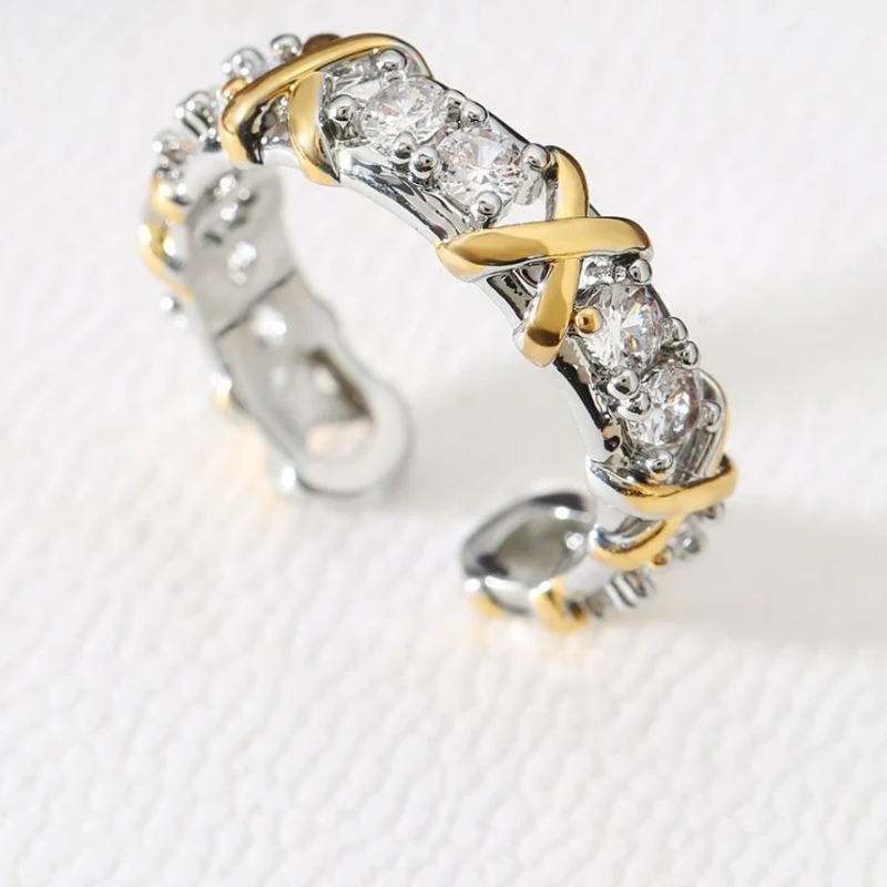 LENNIK New Two-tone Diamond-encrusted Ring, Fashionable Personalized Open Adjustable Ring, Light Luxury High-end Jewelry