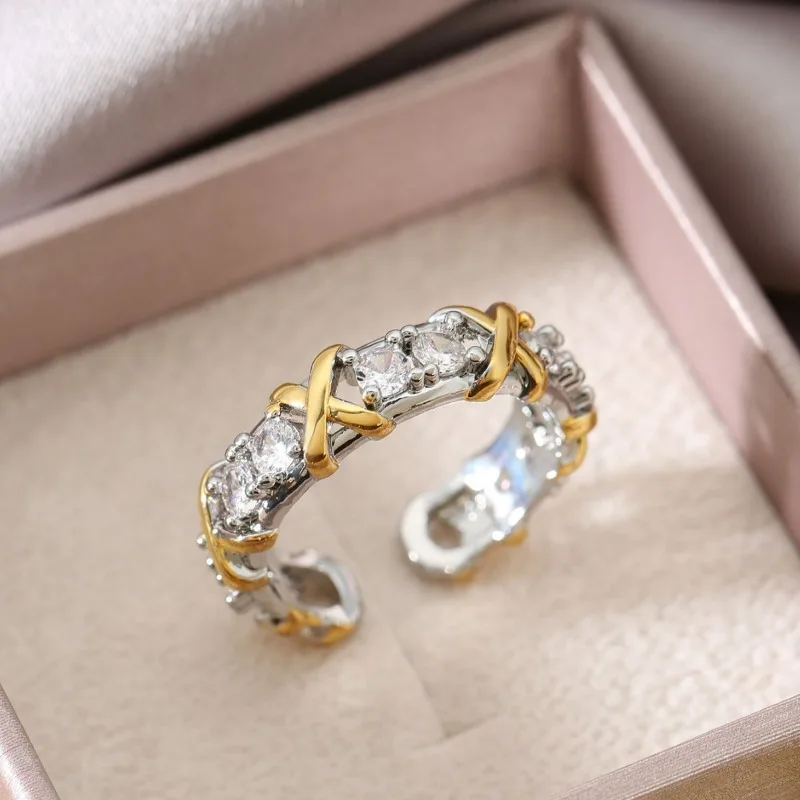 LENNIK New Two-tone Diamond-encrusted Ring, Fashionable Personalized Open Adjustable Ring, Light Luxury High-end Jewelry