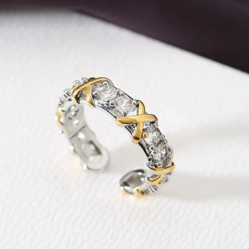 LENNIK New Two-tone Diamond-encrusted Ring, Fashionable Personalized Open Adjustable Ring, Light Luxury High-end Jewelry
