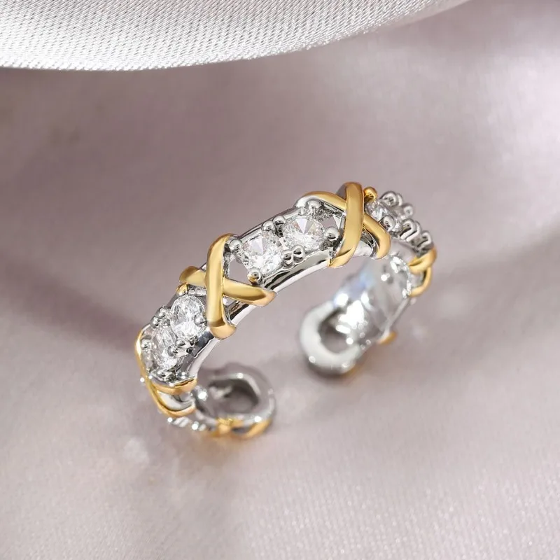 LENNIK New Two-tone Diamond-encrusted Ring, Fashionable Personalized Open Adjustable Ring, Light Luxury High-end Jewelry
