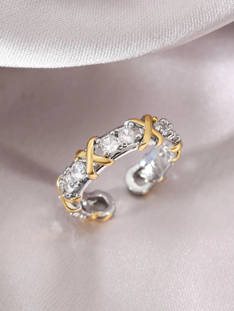 LENNIK New Two-tone Diamond-encrusted Ring, Fashionable Personalized Open Adjustable Ring, Light Luxury High-end Jewelry