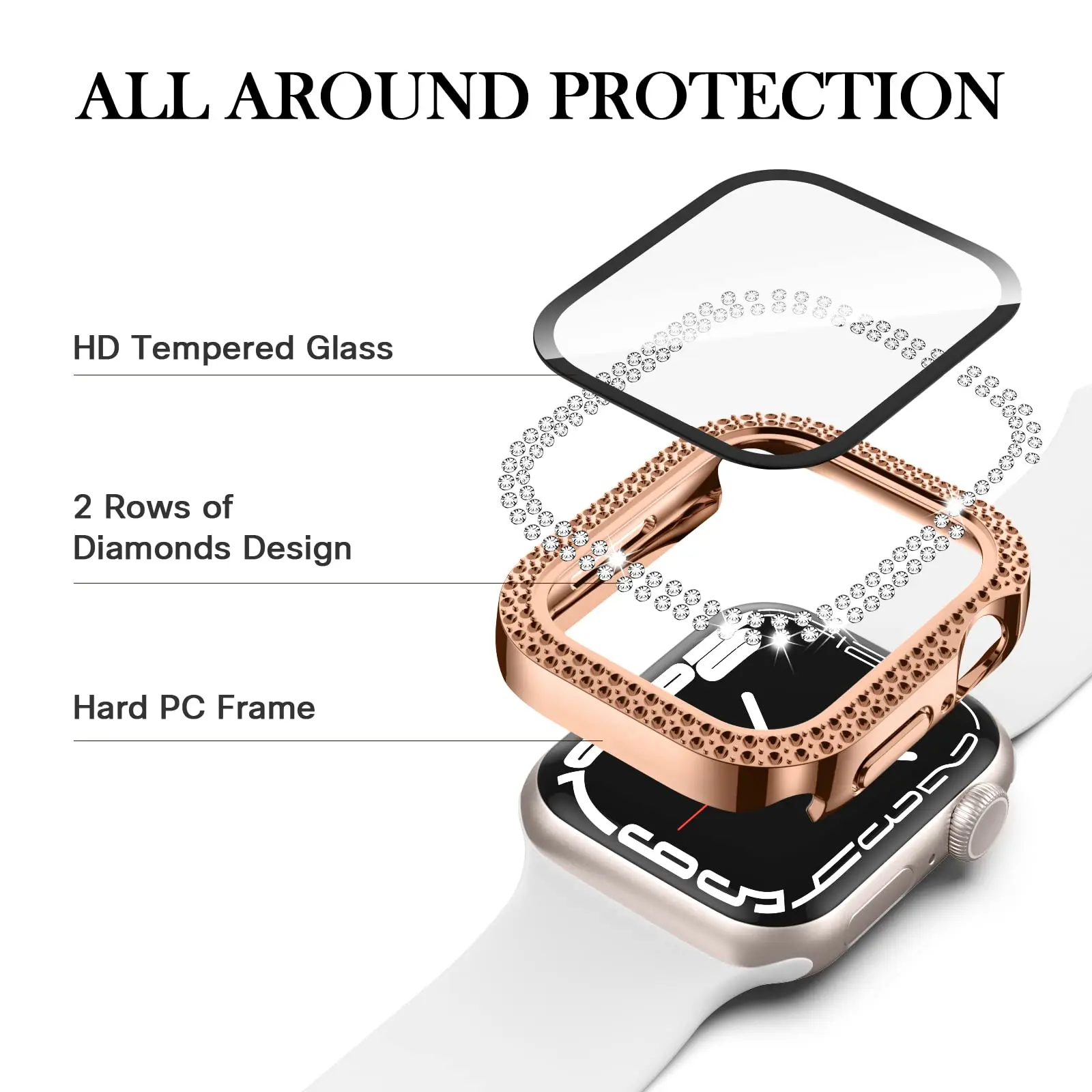 Glass+Diamond Cover For Apple watch case 46mm 40mm 44mm 41mm 42mm 45mm Bling Bumper Protector iWatch Series 11 10 9 SE 7 8 case