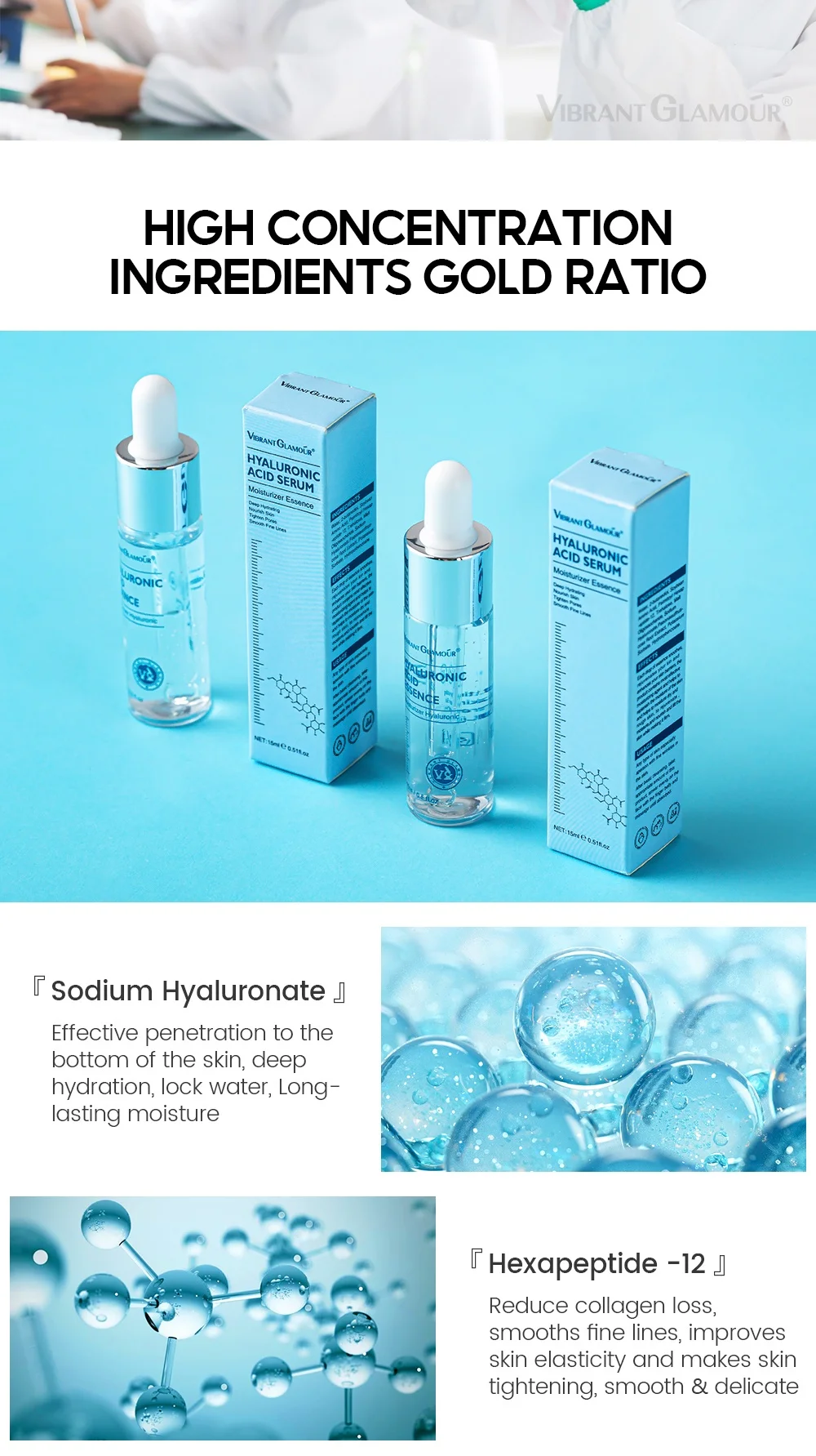VIBRANT GLAMOUR Hyaluronic Acid Face Serum Skin Care 15ml*3pcs