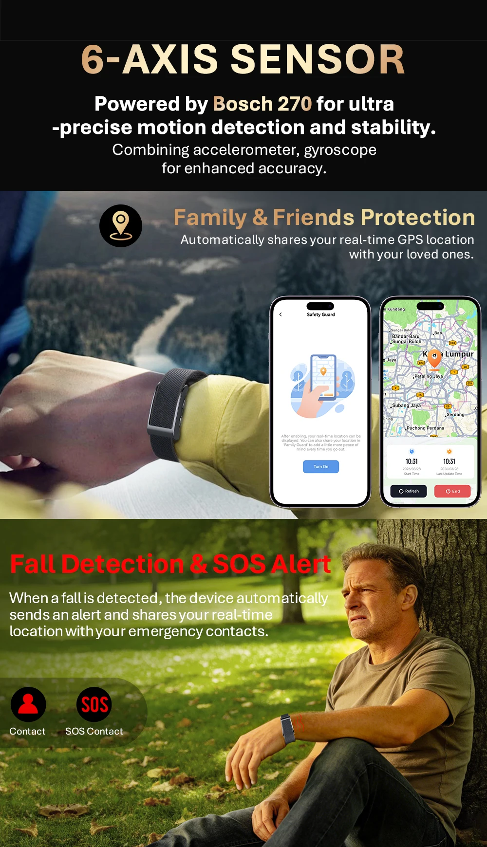 VALDUS VIGOR GPS Smart Bracelet Man Woman SOS Fall Detection Safety Guardian Heart Rate Fitness Tracker New NO Screen Smartwatch
