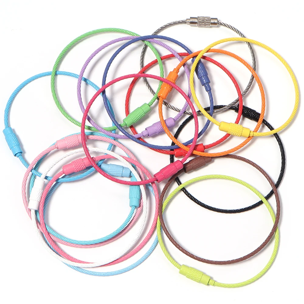 10pcs/lot Stainless Steel Wire Keychains Colorful Round Cable Loop Screw Lock Rope Rings For DIY Keyrings Key Chains Accessories