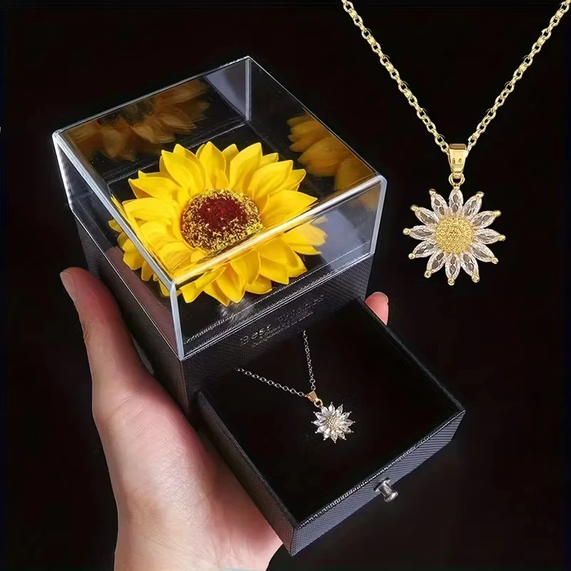 Jardme Stainless Steel Sunflower Necklace with Gift Box For Women Daisy Pendant Necklace with Sunflower Gift Box Women Jewelry