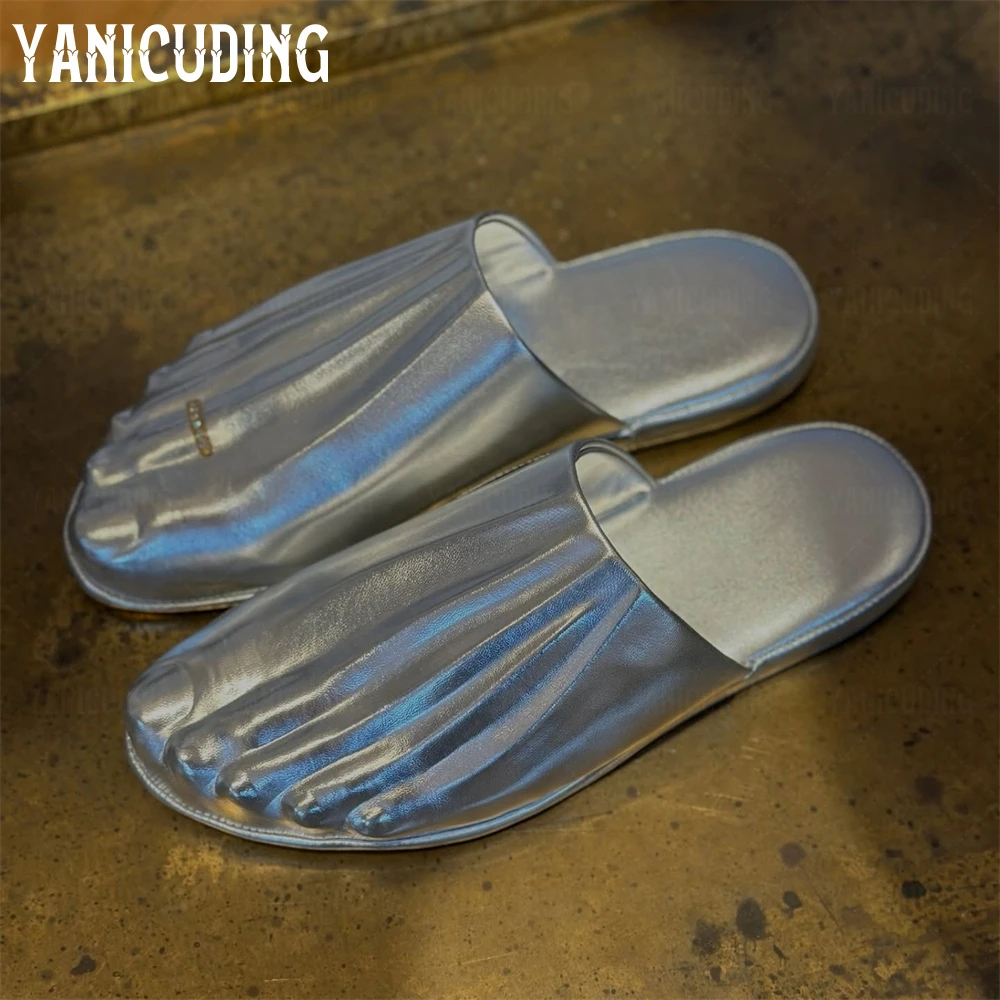 Moulded Foot Mules Embellished Foot Leather Slippers Novelty Designer Style Slippers Foot Toe Ring Handmade Slippers for Women