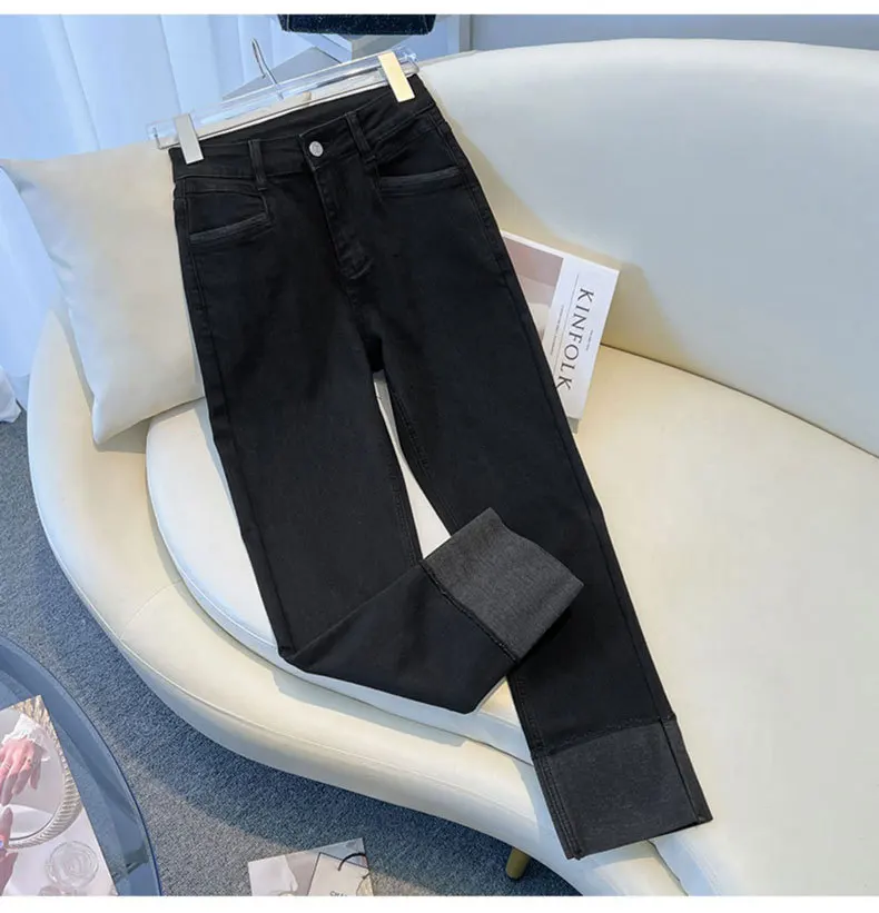 2025 Spring Autumn Women's Jeans High Waist Slim Fit Flipped Panel Elastic 9-point Pipe Pants Female Denim Straight Trousers