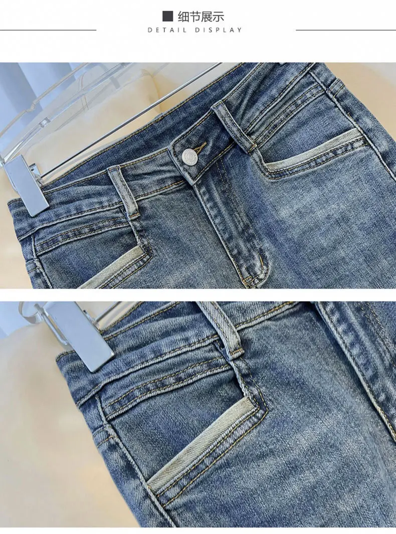 2025 Spring Autumn Women's Jeans High Waist Slim Fit Flipped Panel Elastic 9-point Pipe Pants Female Denim Straight Trousers