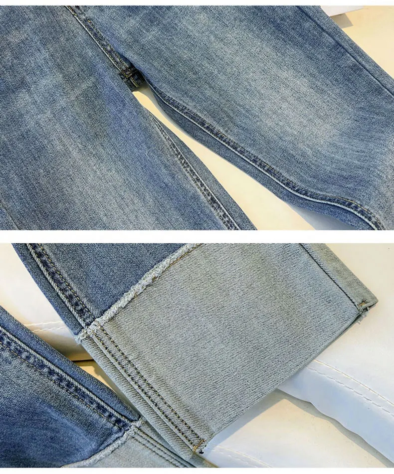 2025 Spring Autumn Women's Jeans High Waist Slim Fit Flipped Panel Elastic 9-point Pipe Pants Female Denim Straight Trousers