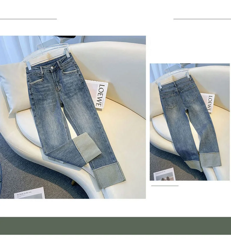 2025 Spring Autumn Women's Jeans High Waist Slim Fit Flipped Panel Elastic 9-point Pipe Pants Female Denim Straight Trousers