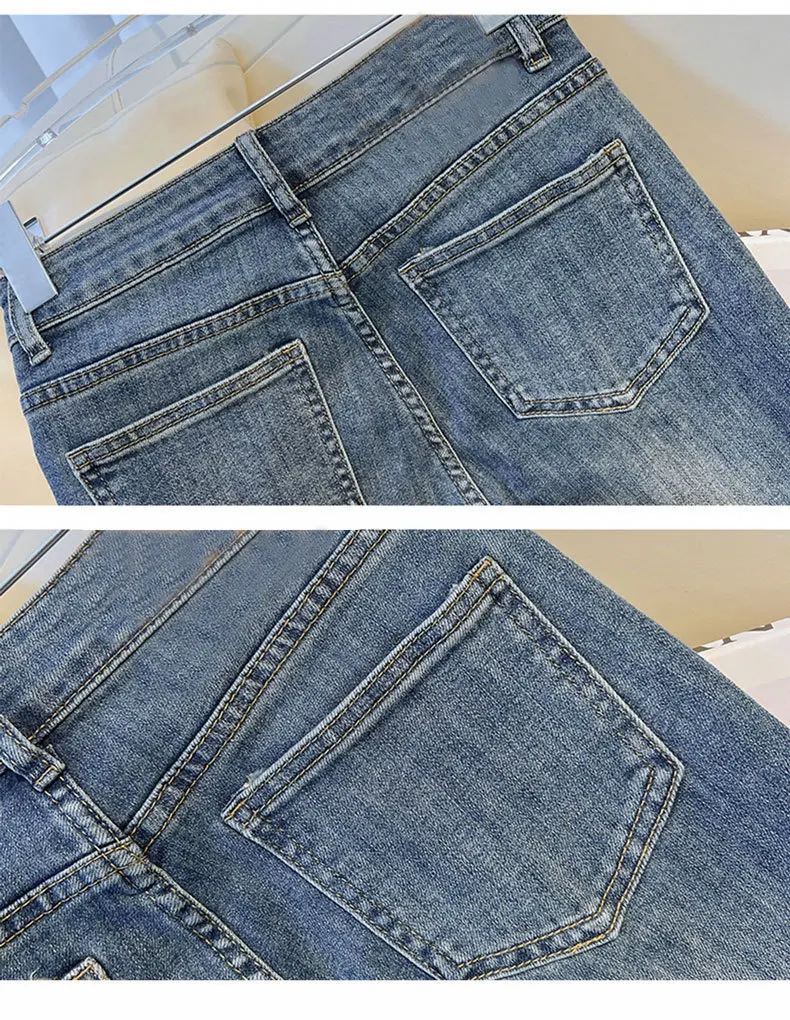 2025 Spring Autumn Women's Jeans High Waist Slim Fit Flipped Panel Elastic 9-point Pipe Pants Female Denim Straight Trousers