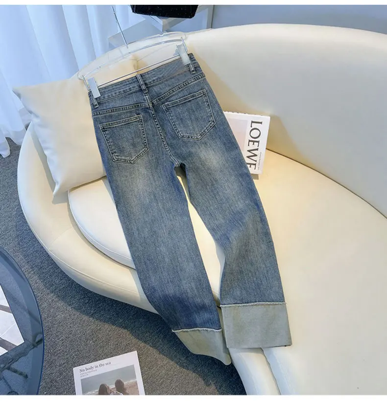 2025 Spring Autumn Women's Jeans High Waist Slim Fit Flipped Panel Elastic 9-point Pipe Pants Female Denim Straight Trousers