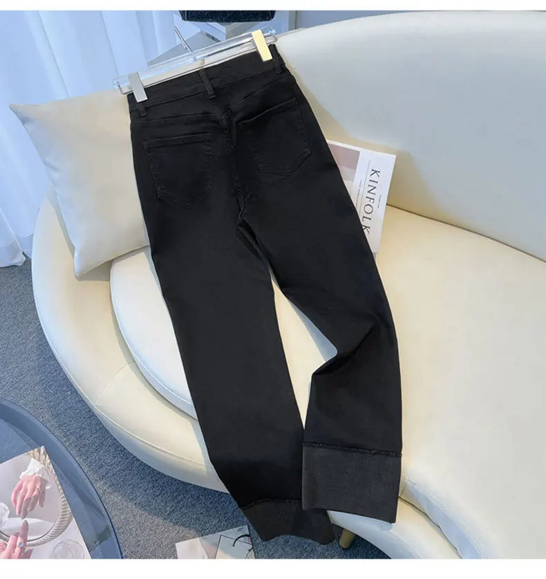2025 Spring Autumn Women's Jeans High Waist Slim Fit Flipped Panel Elastic 9-point Pipe Pants Female Denim Straight Trousers