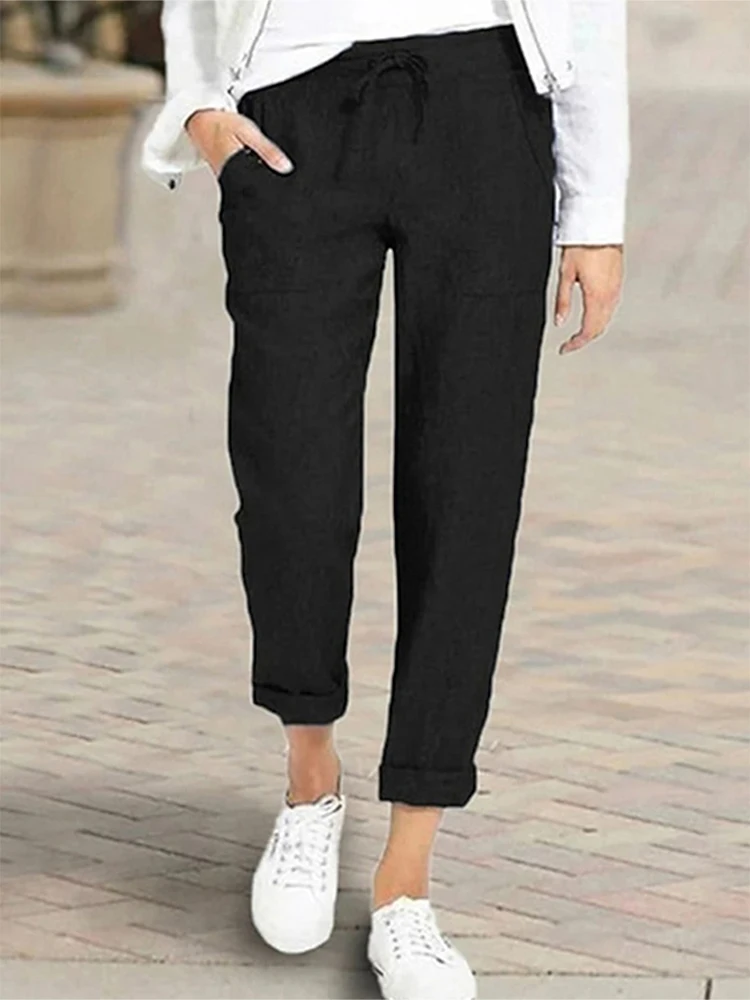 Plus-Size Solid-Color Drawstring High-Waisted Pocket Casual Pants—Casual Everyday Wear, Simple Elastic-Waist Pants