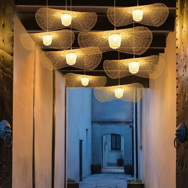 Japanese Wabi Sabi LED Pendant Lights bamboo rattan Suspension Lamps for Living Dining Bedroom Home Decoration Chandelier