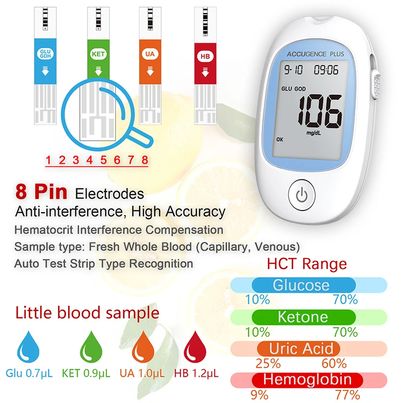 ACCUGENCE Blood Glucose Ketone Hemoglobin Uric Acid Test Strips Diabetes Gout HB Anemia for PM800 PM900 Multifunctional Monitor