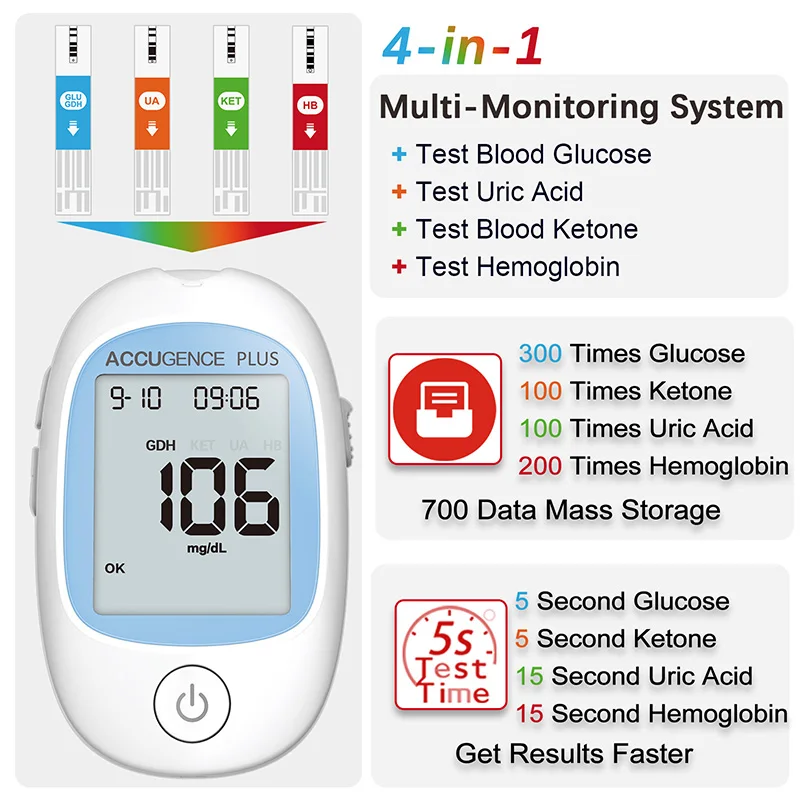 ACCUGENCE Blood Glucose Ketone Hemoglobin Uric Acid Test Strips Diabetes Gout HB Anemia for PM800 PM900 Multifunctional Monitor