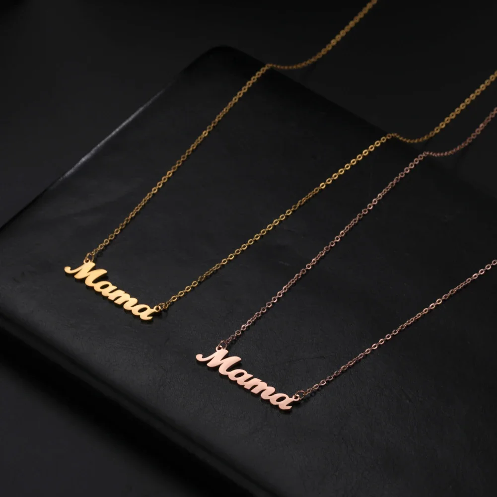 Skyrim Mama Letter Pendant Necklace for Women Stainless Steel Neck Chain Choker Trendy Family Jewelry Mother's Day Gift for Mom