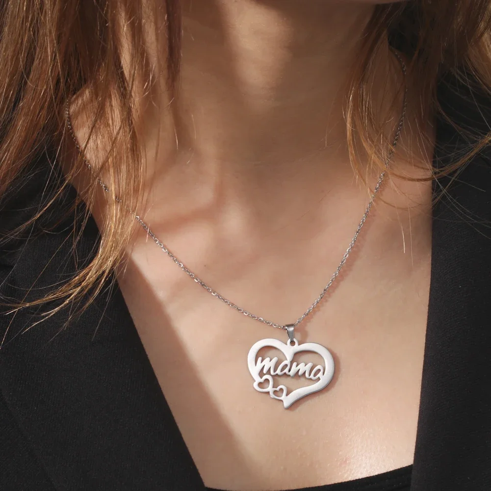 Skyrim Mama Letter Pendant Necklace for Women Stainless Steel Neck Chain Choker Trendy Family Jewelry Mother's Day Gift for Mom