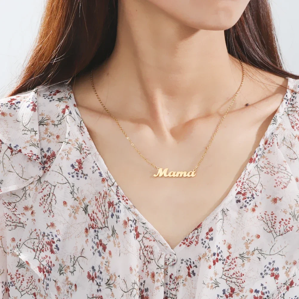 Skyrim Mama Letter Pendant Necklace for Women Stainless Steel Neck Chain Choker Trendy Family Jewelry Mother's Day Gift for Mom